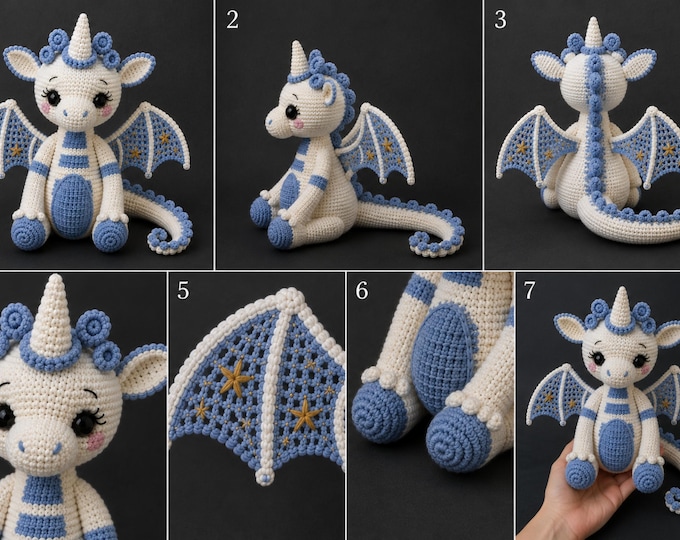 Celestial Baby Dragon Amigurumi Crochet Pattern PDF – White & Blue Fantasy Dragon Plush Toy – Wings, Stars - Curled Tail – Instant Download