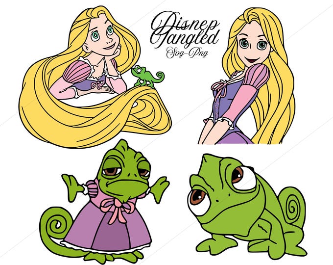 Long Hair Princess & Cute Chameleon SVG PNG, Fairy Tale Girl Clipart, Magical Princess Digital Download, Cartoon Girl Sublimation Design