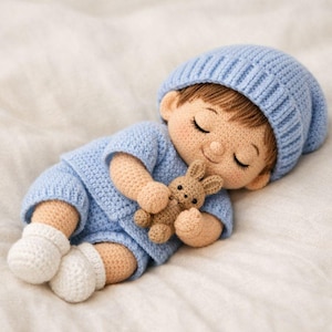 Amigurumi Sleeping Baby Boy Doll Crochet Pattern | Newborn Outfit & Bunny (PDF Pattern EN+PT)