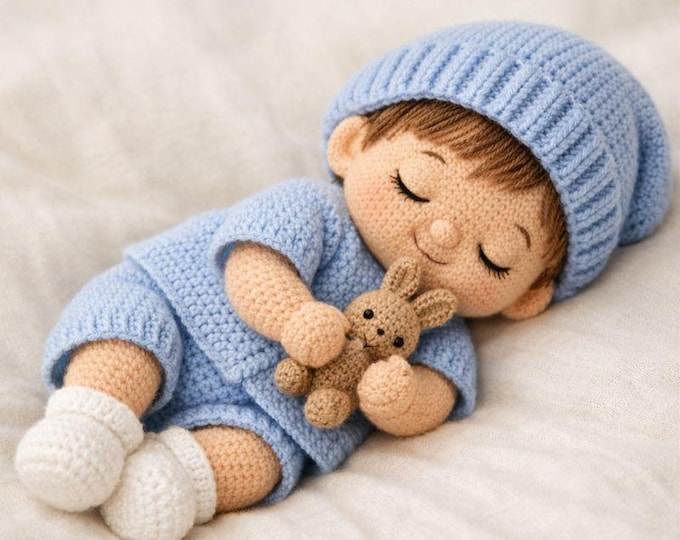 Amigurumi Sleeping Baby Boy Doll Crochet Pattern | Newborn Outfit & Bunny (PDF Pattern EN+PT)