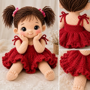 Cute sitting toddler doll crochet pattern PDF featuring an amigurumi girl with brown pigtails, rosy cheeks, large eyes, red ruffled dress with bow straps, hands-on-cheeks pose, detailed crochet doll tutorial and digital download for crocheters.Cute sitting toddler doll crochet pattern PDF featuring an adorable amigurumi girl with brown pigtails, rosy cheeks, large expressive eyes, bow shoulder straps, and a red ruffled dress. detailed crochet instruction in English, French, German, Spanish.