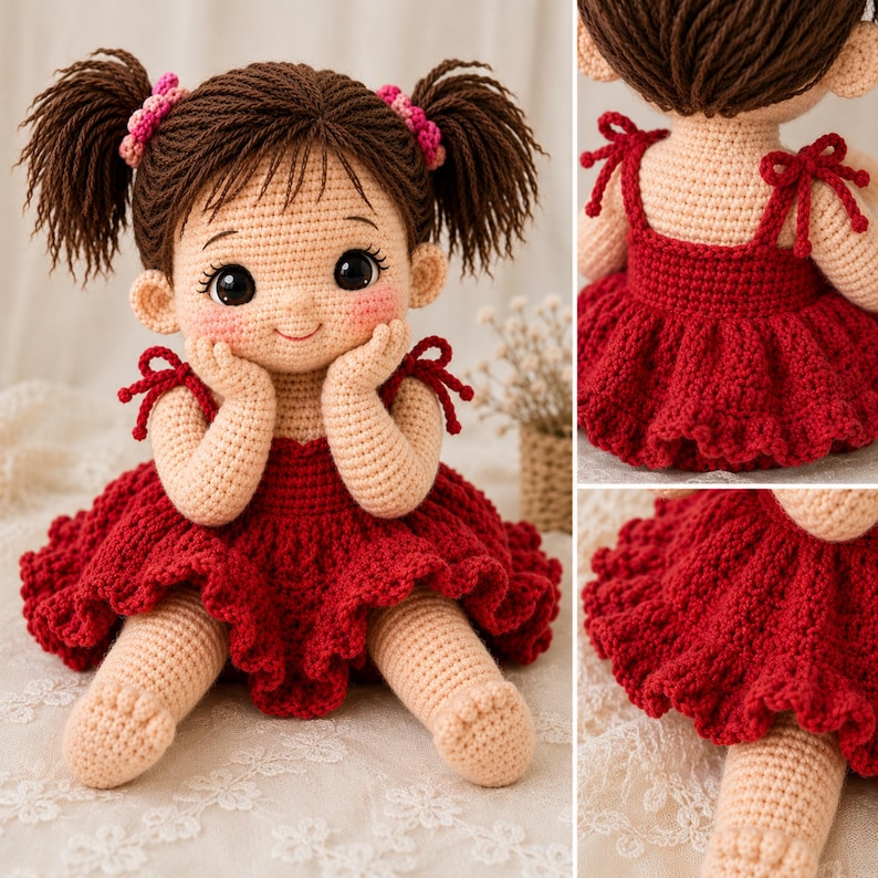 Cute sitting toddler doll crochet pattern PDF featuring an amigurumi girl with brown pigtails, rosy cheeks, large eyes, red ruffled dress with bow straps, hands-on-cheeks pose, detailed crochet doll tutorial and digital download for crocheters.Cute sitting toddler doll crochet pattern PDF featuring an adorable amigurumi girl with brown pigtails, rosy cheeks, large expressive eyes, bow shoulder straps, and a red ruffled dress. detailed crochet instruction in English, French, German, Spanish.