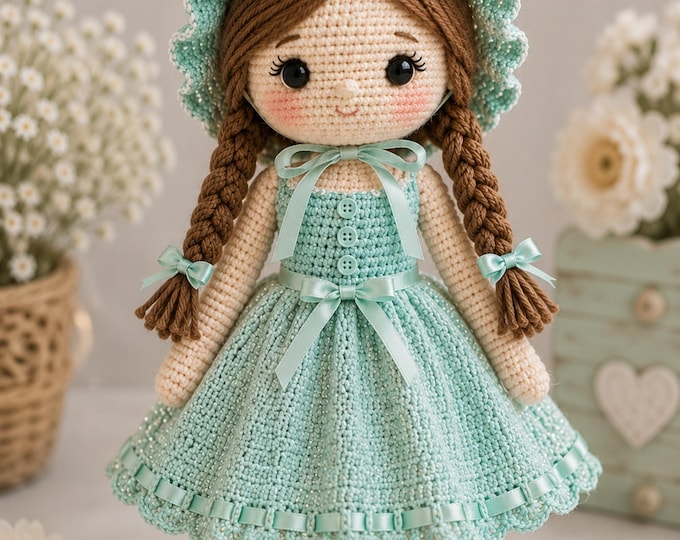 Mint Green Bonnet Doll Crochet Pattern PDF | Amigurumi Girl Doll | Vintage Style Doll Pattern | Removable Dress & Shoes | Instant Download