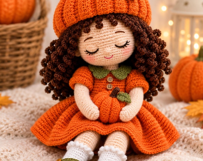 Pumpkin Girl Crochet Pattern PDF, Amigurumi Doll Pattern, Autumn Doll with Pumpkin Hat, Curly Hair, Sleeping Eyes, Sitting Pose, DIY Gift