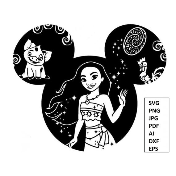 Island Princess and Animal Friends – Black and White Vector Silhouette SVG PNG JPG Pdf  Ai Dxf Eps