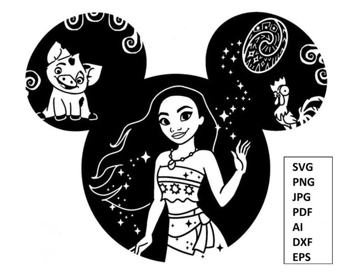 Island Princess and Animal Friends – Black and White Vector Silhouette SVG PNG JPG Pdf  Ai Dxf Eps