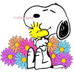 Könnte beinhalten: Eine Cartoon-Illustration von Snoopy aus Peanuts, mit seinem gelben Freund Woodstock, umgeben von bunten Blumen. Die Blumen sind in den Farbtönen Rosa, Orange, Blau und Lila gehalten. Das Bild hat einen weißen Hintergrund.
