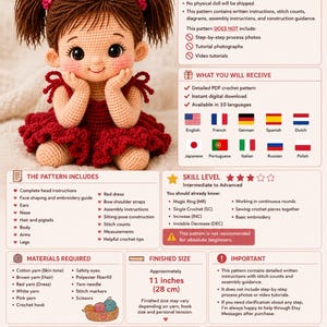 Cute sitting toddler doll crochet pattern PDF featuring an amigurumi girl with brown pigtails, rosy cheeks, large eyes, red ruffled dress with bow straps, hands-on-cheeks pose, detailed crochet doll tutorial and digital download for crocheters.