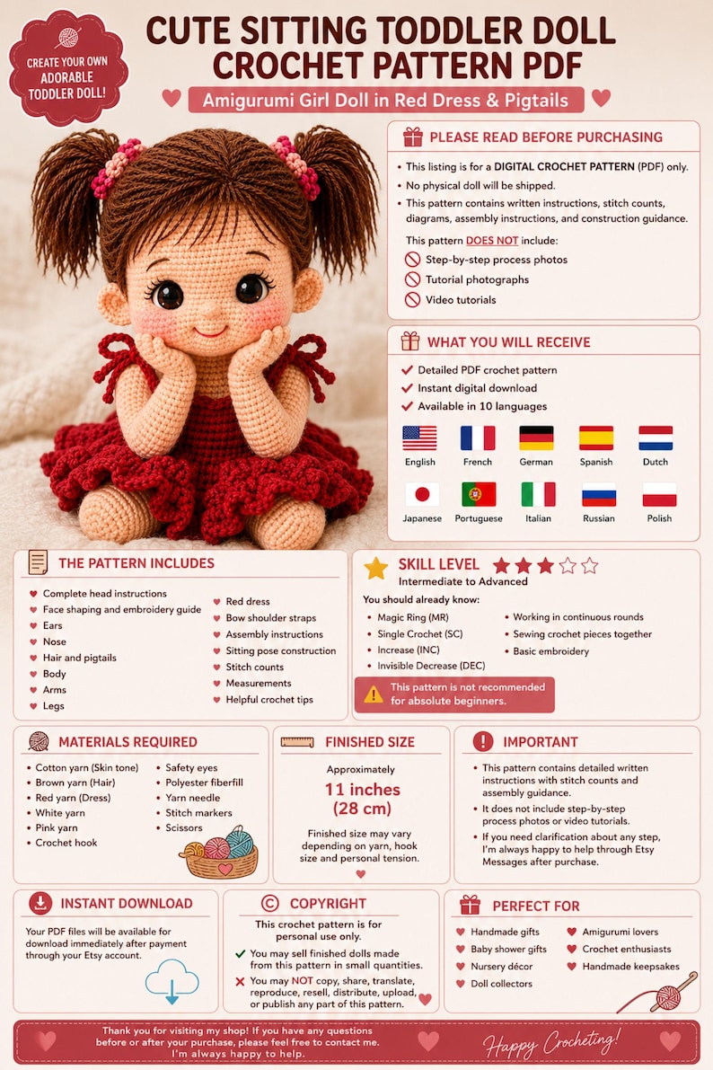 Cute sitting toddler doll crochet pattern PDF featuring an amigurumi girl with brown pigtails, rosy cheeks, large eyes, red ruffled dress with bow straps, hands-on-cheeks pose, detailed crochet doll tutorial and digital download for crocheters.