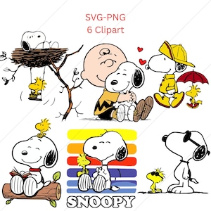 Könnte beinhalten: Eine Sammlung von sechs Snoopy- und Woodstock-Clipart-Bildern. Snoopy wird in verschiedenen Szenen dargestellt, darunter beim Lesen eines Buches, beim Umarmen von Charlie Brown und beim Tragen einer Sonnenbrille. Woodstock ist ebenfalls in mehreren Szenen zu sehen. Der Text "SVG-PNG 6 Clipart" und "SNOOPY" sind enthalten.