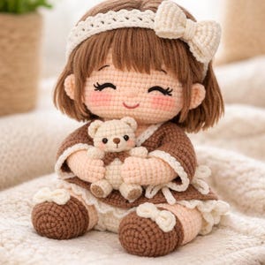 Könnte beinhalten: Eine handgefertigte Häkelpuppe mit braunen Haaren, einem weißen Stirnband und einer Schleife. Die Puppe trägt ein braunes Kleid mit weißer Bordüre und hält einen kleinen Teddybären. Die Puppe sitzt auf einer cremefarbenen Oberfläche.