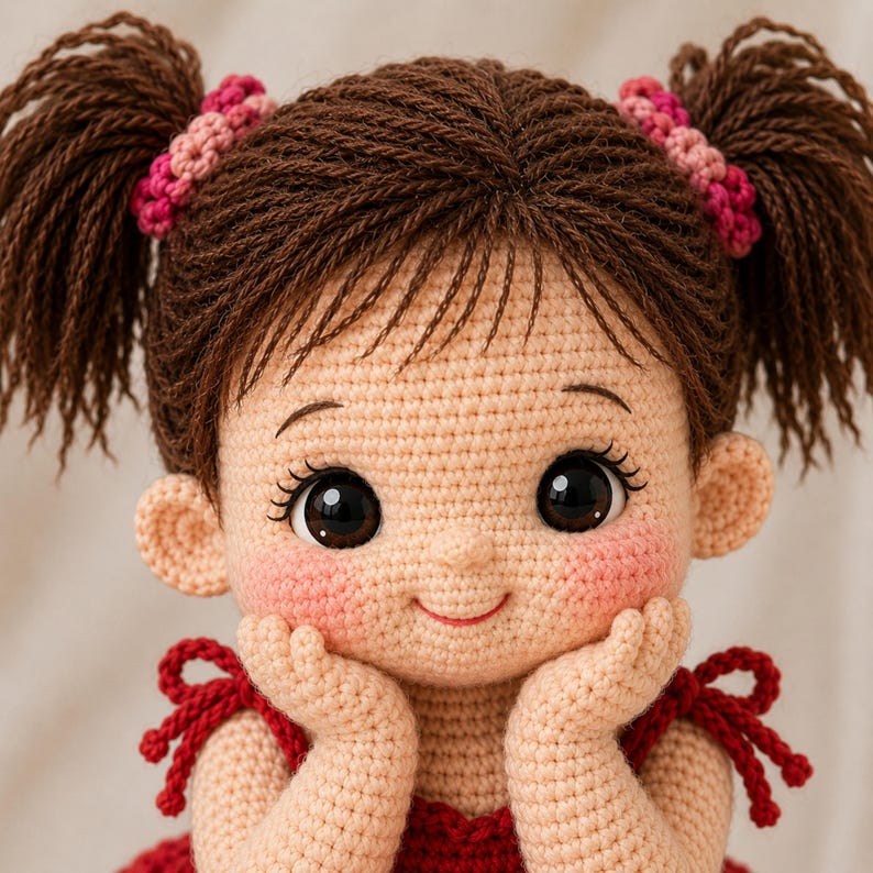 Cute sitting toddler doll crochet pattern PDF featuring an amigurumi girl with brown pigtails, rosy cheeks, large eyes, red ruffled dress with bow straps, hands-on-cheeks pose, detailed crochet doll tutorial and digital download for crocheters.