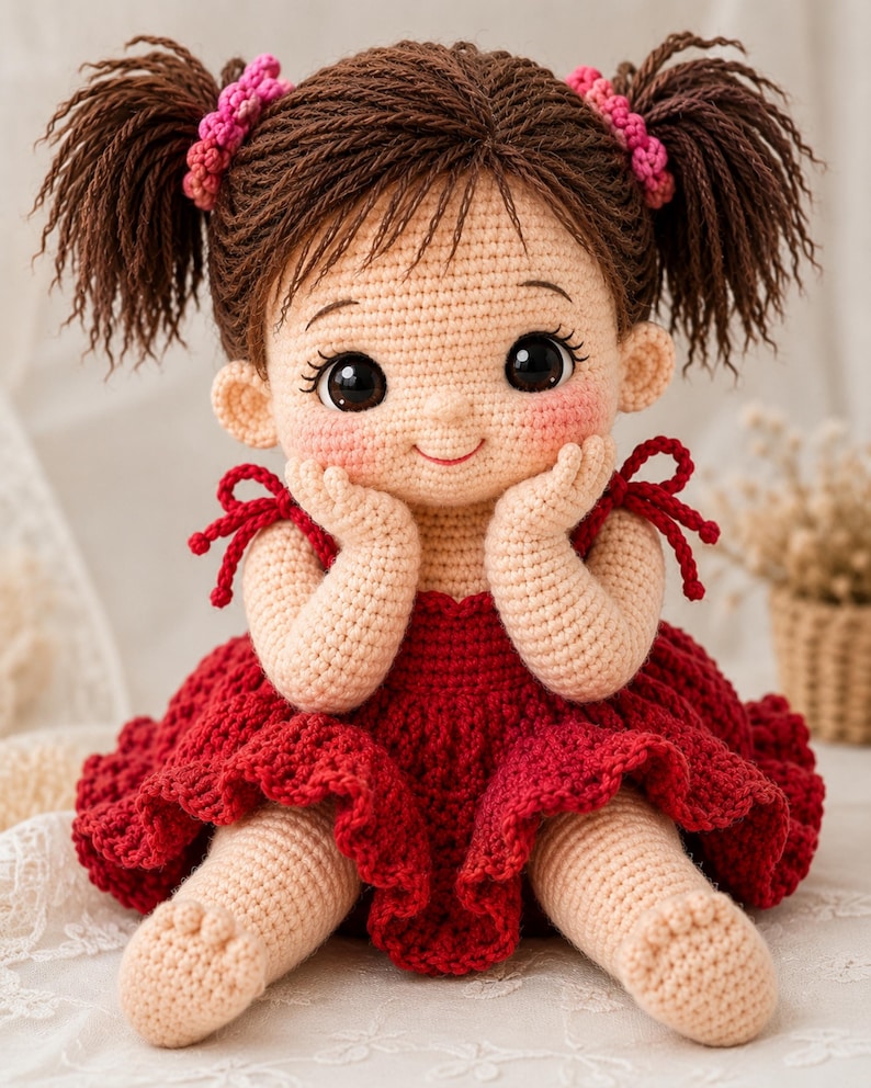 Cute sitting toddler doll crochet pattern PDF featuring an amigurumi girl with brown pigtails, rosy cheeks, large eyes, red ruffled dress with bow straps, hands-on-cheeks pose, detailed crochet doll tutorial and digital download for crocheters.