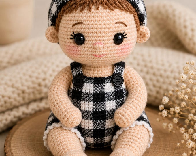 Baby Doll Crochet Pattern PDF | Amigurumi Doll Pattern | Buffalo Plaid Romper & Bow Headband | Plush Toy Crochet Pattern | Digital Download