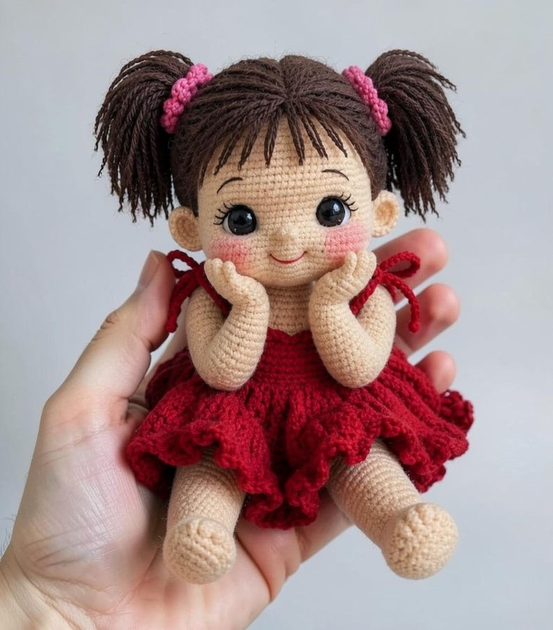 Cute sitting toddler doll crochet pattern PDF featuring an amigurumi girl with brown pigtails, rosy cheeks, large eyes, red ruffled dress with bow straps, hands-on-cheeks pose, detailed crochet doll tutorial and digital download for crocheters.