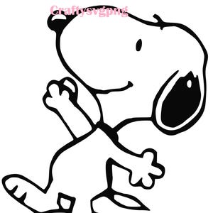 May include: Black and white illustration of Snoopy, a cartoon dog, in a playful pose. The image features Snoopy with his arms and legs outstretched, appearing to be dancing or celebrating. The image has the text "Craftysvgpng" in pink.