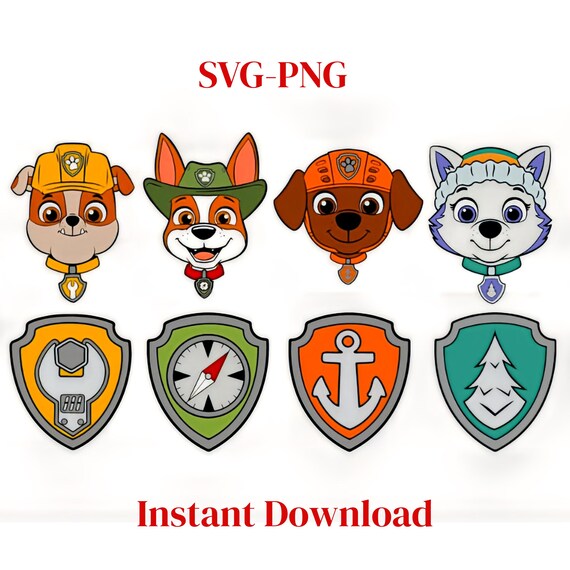 Cartoon Puppy Faces with Adventure Badges – Cute Dog SVG PNG Bundle for Kids Crafts, Stickers, and Cricut Projects