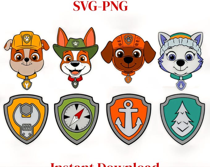 Cartoon Puppy Faces with Adventure Badges – Cute Dog SVG PNG Bundle for Kids Crafts, Stickers, and Cricut Projects