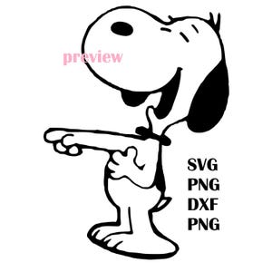 Puede incluir: Ilustración en blanco y negro de un perro de dibujos animados señalando con su brazo derecho. El perro tiene una cabeza grande, orejas negras y una mancha negra alrededor del ojo. La imagen incluye las palabras "SVG, PNG, DXF, PNG."