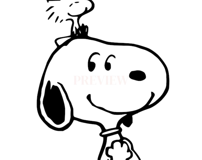 Black and White Cartoon Beagle Dog with Small Bird on Head – Vector Line Art