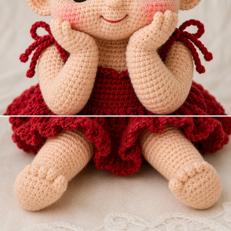 Cute sitting toddler doll crochet pattern PDF featuring an amigurumi girl with brown pigtails, rosy cheeks, large eyes, red ruffled dress with bow straps, hands-on-cheeks pose, detailed crochet doll tutorial and digital download for crocheters.