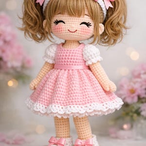 May include: A handmade crochet doll with a smiling face, wearing a pink dress with white trim and sleeves. The doll has blonde hair styled in pigtails with pink bows and a matching headband. The doll is wearing white shoes with pink bows.