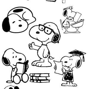 Könnte beinhalten: Schwarz-Weiß-Cartoon-Illustrationen von Snoopy in verschiedenen Posen. Snoopy wird beim Schlafen, Schreiben, Lesen, Tragen einer Brille und der Benutzung eines Laptops gezeigt. Ein Bild zeigt Snoopy mit einem T-Shirt mit der Aufschrift "JOE COOL".