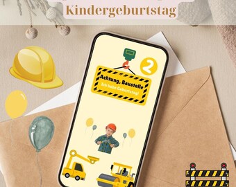 Invitation card two-sided children's birthday excavator construction site invitation digital boy eCard children invitation WhatsApp template