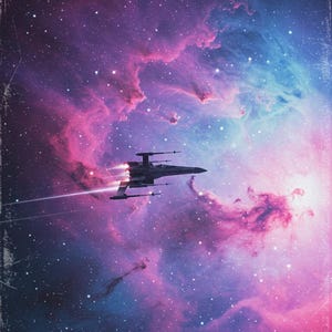 Pode incluir: Impressão de arte digital com uma nave espacial navegando por uma nebulosa vibrante. O fundo apresenta uma cena cósmica com tons de rosa, roxo e azul, salpicada de estrelas. A nave espacial é uma silhueta contra o fundo colorido.