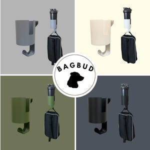 May include: A collage of four Bagbud products in different colors. Each image shows a cup holder with a hook and a matching bag with a water bottle. The Bagbud logo is in the center.