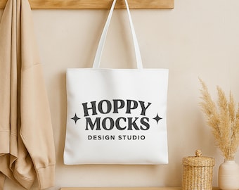 AOP Tote Bag Mockup • White All Over Print Tote Bag • White Handles •  Boho Minimalist Tote Bag Mockup