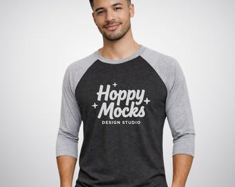 Next Level 6051 Raglan Mockup • Premium Heather / Vintage Black • NL6051 3/4 Sleeve Baseball Tee • Male Model • Minimalist Studio Mockup