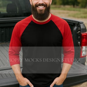 Bella Canvas 3200 Mockup, 3200 Black / Red Mockup, BC3200 Baseball Tee Mockup, Male Model Mockup, Masculine Mockup, Printify POD