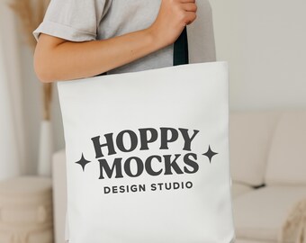 AOP Tote Bag Mockup • White All Over Print Tote Bag • Black Handles • Modern Minimalist Tote Bag Mockup