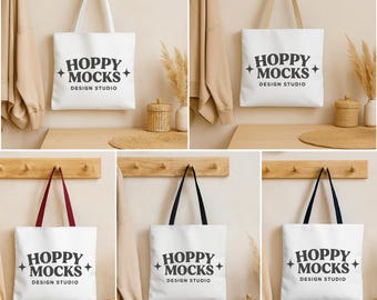 AOP Tote Bag Mockup Bundle • Minimalistisches Baumwoll Canvas Tote Mockup • Gemütliches Boho Lifestyle Mockup • Farbiger Griff Einkaufstaschen Mockups
