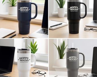 Paquete de maquetas de taza de viaje con aislamiento de 40 oz de Printify • Vasos polares en azul marino, negro, blanco y gris hierro • 4 maquetas de tazas de viaje para POD