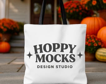 AOP Tote Bag Mockup, Black Handle Tote Mockup, Minimalist Cotton Canvas Tote Mockup, Fall Lifestyle Mockup, Printify - POD
