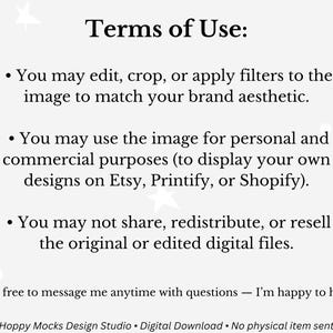 May include: A white background with the text "Terms of Use:" followed by bullet points detailing image usage rights. Includes text about editing, personal and commercial use, and restrictions on sharing.