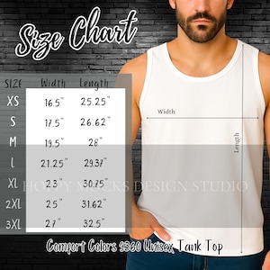 Comfort Colors® 9360 Unisex Tank Top Size Chart, Comfort Colors 9360 Sizing Chart, CC9360 Measurement Chart, CC9360 Sizing Guide Male Model