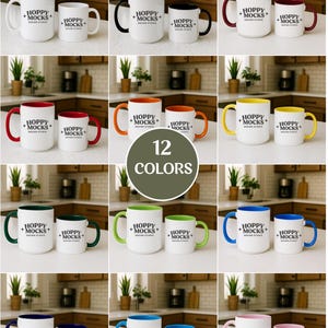 May include: A collection of white ceramic mugs with various colored handles and interior rims. The mugs display the text "HOPPY + MOCKS" and "DESIGN STUDIO". The image showcases 12 color options, including black, red, orange, yellow, green, and blue.