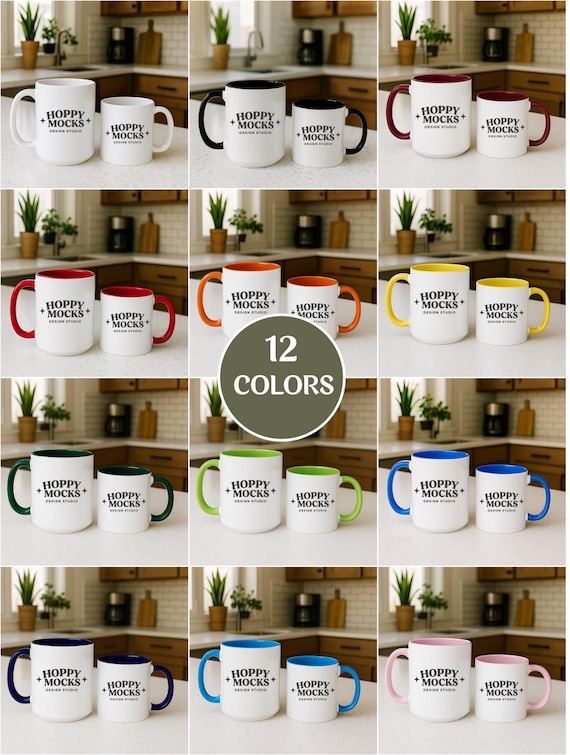 Two Mug Mockup Bundle • 12 Color Handle Size Comparison Mockups • 11oz & 15oz Two-Tone Ceramic Accent Mugs