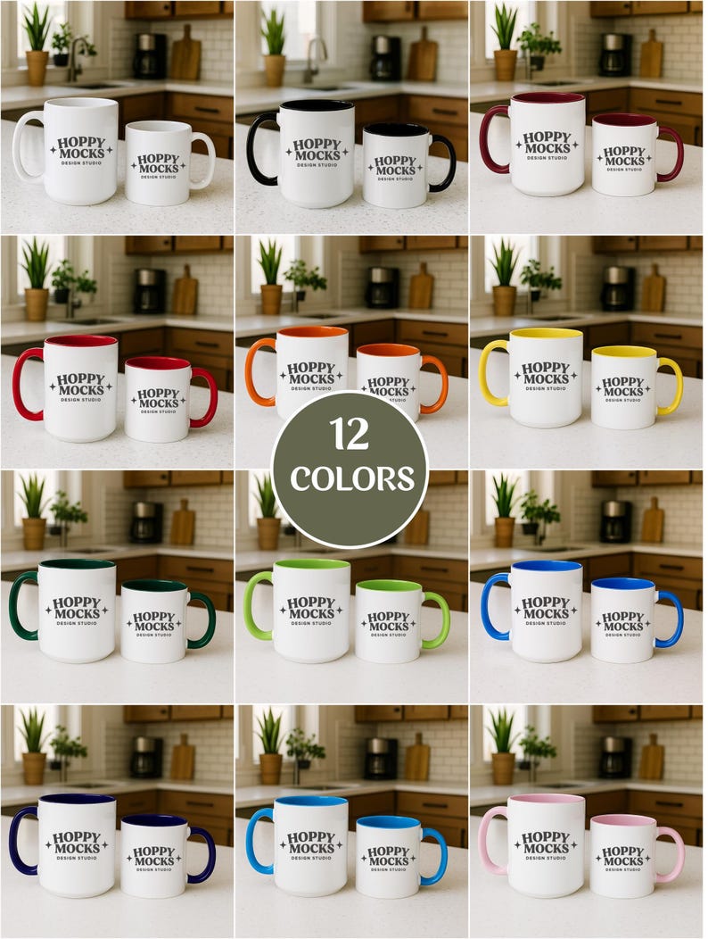 May include: A collection of white ceramic mugs with various colored handles and interior rims. The mugs display the text "HOPPY + MOCKS" and "DESIGN STUDIO". The image showcases 12 color options, including black, red, orange, yellow, green, and blue.