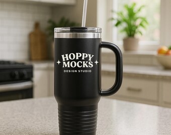 Printify 40oz Insulated Travel Mug Mockup • Black Polar Camel Tumbler with Handle Mockup • 40oz Travel Mug Mockup for Print on Demand