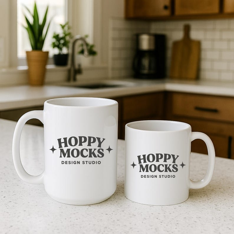May include: Two white ceramic mugs with the text "HOPPY MOCKS DESIGN STUDIO" in dark gray. The larger mug has a curved handle and is taller than the smaller mug. The mugs are on a white countertop.