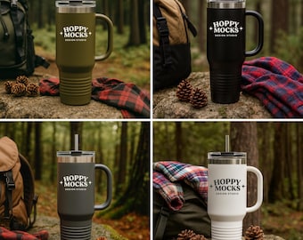 Paquete de maquetas de tazas de viaje con aislamiento de 40 oz de Printify • Vasos polares en color oliva, negro, gris hierro y blanco • 4 maquetas de tazas de viaje para POD