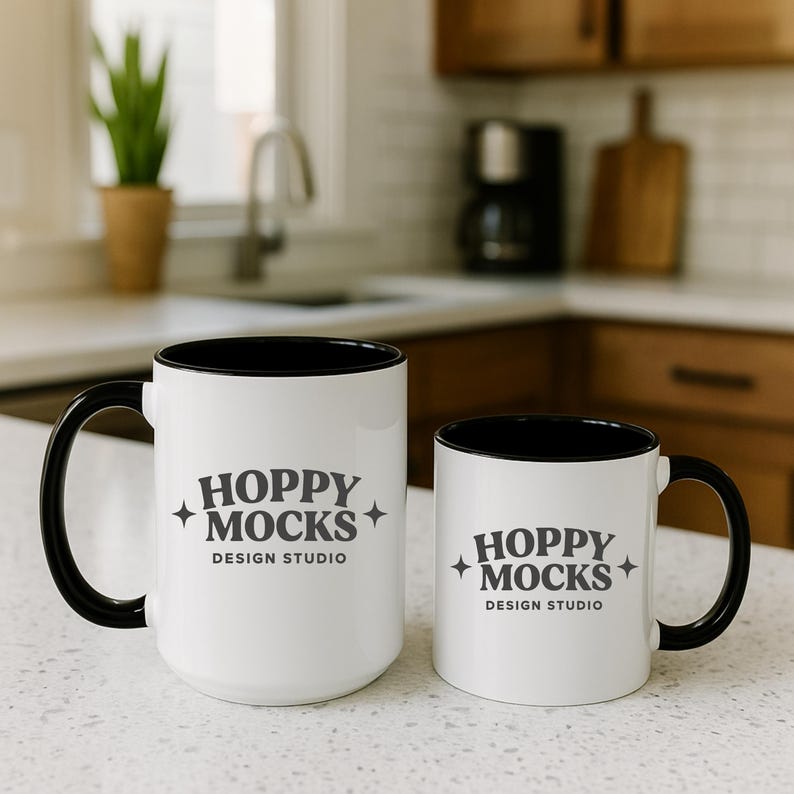 May include: Two white ceramic mugs with black interiors and handles. The mugs have the text "HOPPY MOCKS DESIGN STUDIO" printed in gray. One mug is larger than the other. The mugs are on a white countertop in a kitchen setting.