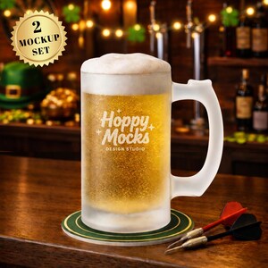 St Patrick’s Day Frosted Glass Beer Mug Mockup Set • 16oz Glass Beer Mug • 2 JPG Files • Empty and Filled Mug Mockup • Printify Mockup
