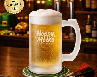 St Patrick’s Day Frosted Glass Beer Mug Mockup Set • 16oz Glass Beer Mug • 2 JPG Files • Empty and Filled Mug Mockup • Printify Mockup