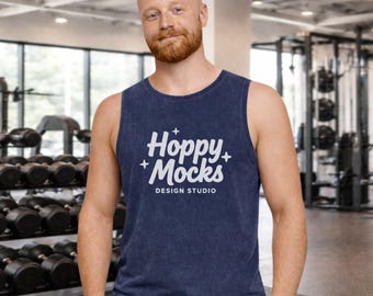 AS Colour 5039 Blue Stone Tank Top Mockup • Men's Stone Wash Barnard Tank Mockup • Male Model • Modern Lifestyle Mockup