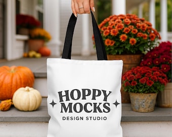 AOP Tote Bag Mockup, Black Handle Tote Mockup, Minimalist Cotton Canvas Tote Mockup, Fall Lifestyle Mockup, Printify - POD